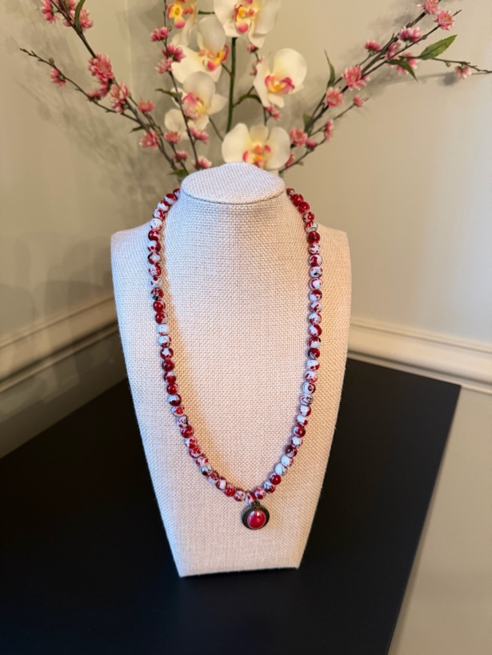 Handcrafted Red Beaded Necklace with Pendant